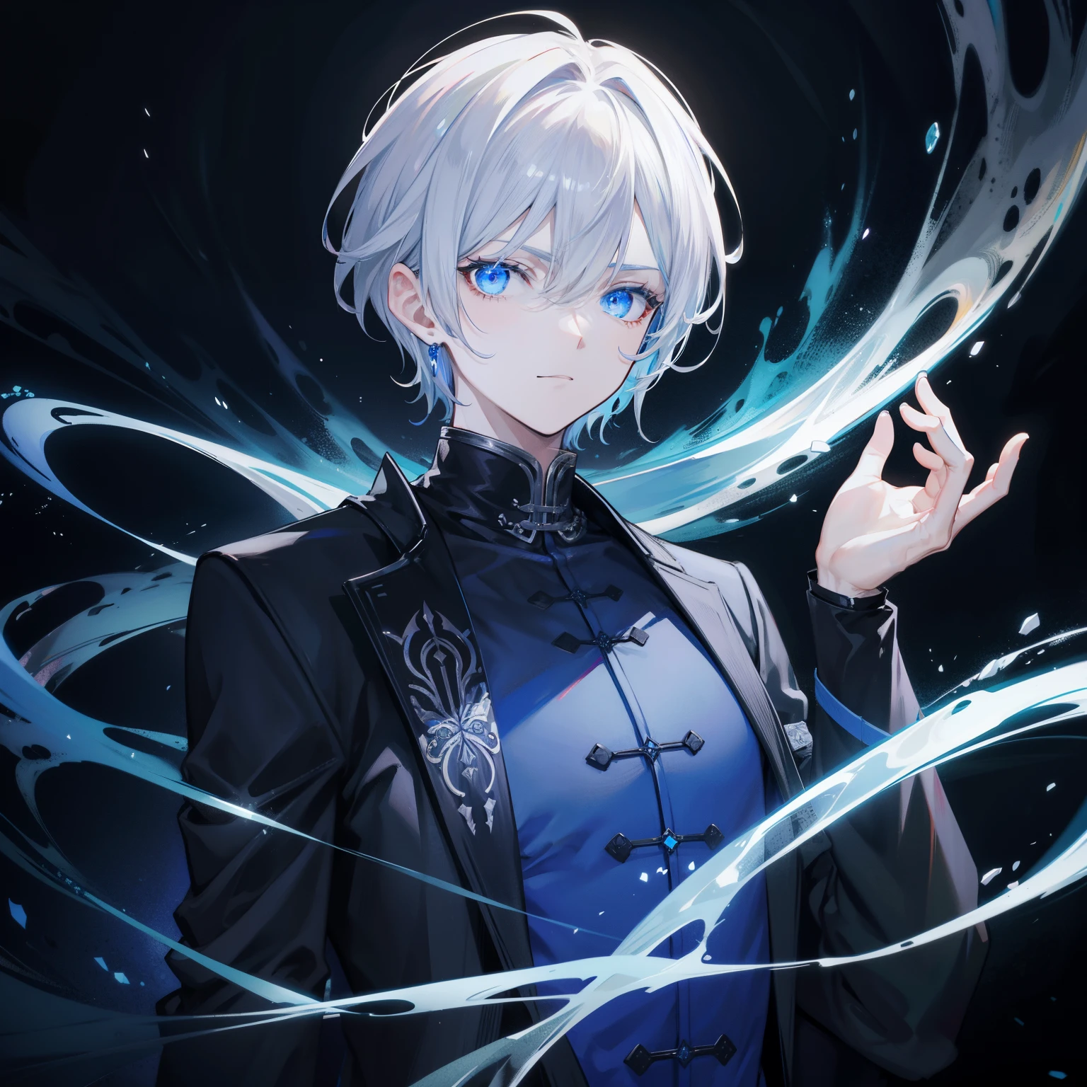 {[{{"Magnificent dark atmosphere, 4k artwork of man with gray hair and glowing blue eyes, short-haired,Chinese feng shui expert,."}]}}