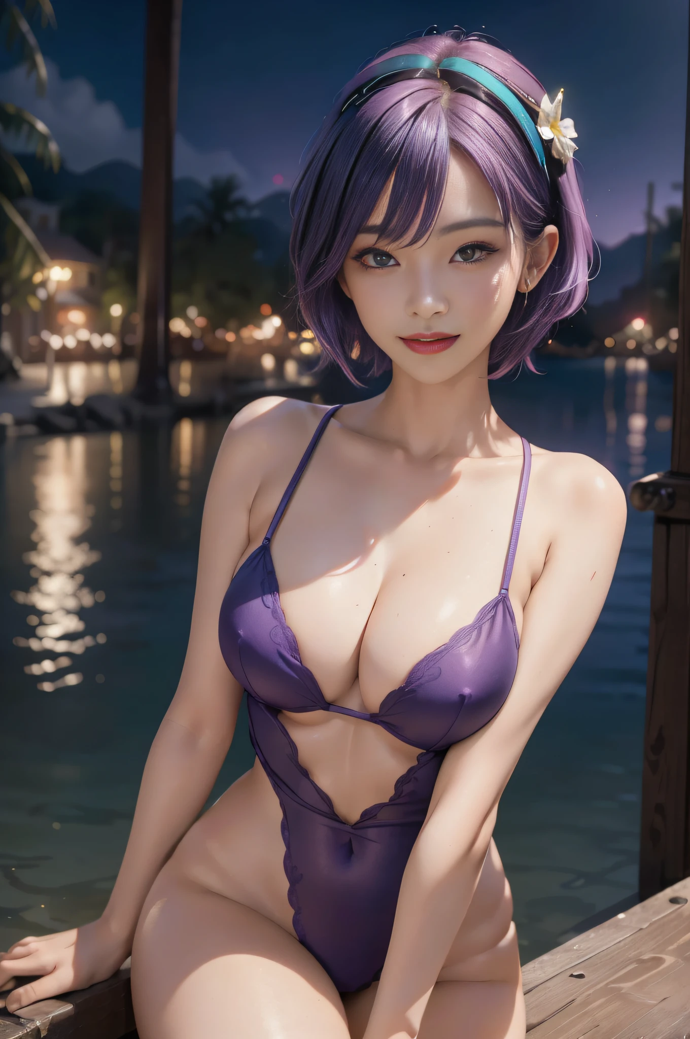 (Best Quality,4K, 8K, hight resolution, masutepiece:1.2), Ultra-detailed, (Realistic ,Photorealistic ,Photorealsitic:1.37), 1girl in, (Perfect body :1.2), Ultra-detailed face, Detailed lips, Detailed eyes, Sexy double eyelids, Beautiful detailed eyes, Beautiful detailed lips, sexy flirty pose, wearing a rainbow-colored swimsuit, short-hair, Fluorescent Purple Hair Tie, Equirectangular 360, Hi-Res, Cinematic Angle, Professional Lighting, Unity 8k壁纸、Aesthetic、masterpiece、top-quality、Shy laughter