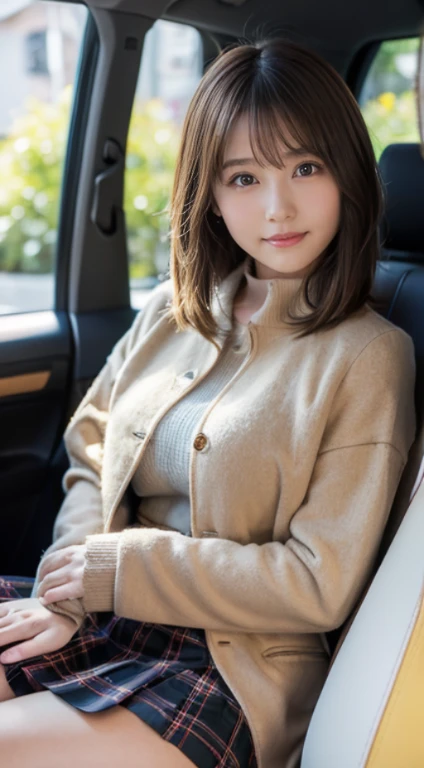 (Photorealistic), (ultra high realistic), (Ultra high definition), (ultra high detailed), (Increase contrast), (Increase saturation), (A 12-year-old girl), (light skinned)A pretty woman with perfect figure, Cute face, Beautiful expression, (Lifelike face), Beautiful hairstyle, Realistic eyes, beautiful detail, (real looking skin), Beautiful skins, enticing, The ultra -The high-definition, A hyper-realistic, Realistic, Very detailed, Japanese, a short bob, bangss), (Light brown wool short coat and knee-high boots、japanese cute idol, Tartan check)((Very short miniskirt)) Gentle smile, Brown hair,、The cleavage looks bold、beutiful breast、thin-waist、((lying in the passenger seat of a car))Angle from diagonally forward