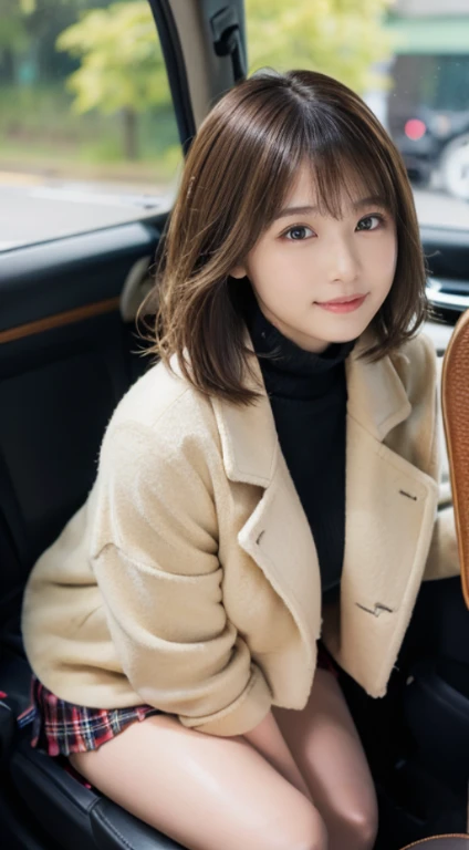 (Photorealistic), (ultra high realistic), (Ultra high definition), (ultra high detailed), (Increase contrast), (Increase saturation), (A 12-year-old girl), (light skinned)A pretty woman with perfect figure, Cute face, Beautiful expression, (Lifelike face), Beautiful hairstyle, Realistic eyes, beautiful detail, (real looking skin), Beautiful skins, enticing, The ultra -The high-definition, A hyper-realistic, Realistic, Very detailed, Japanese, a short bob, bangss), (Light brown wool short coat and knee-high boots、japanese cute idol, Tartan check)((Very short miniskirt)) Gentle smile, Brown hair,、The cleavage looks bold、beutiful breast、thin-waist、((lying in the passenger seat of a car))Angle from diagonally forward