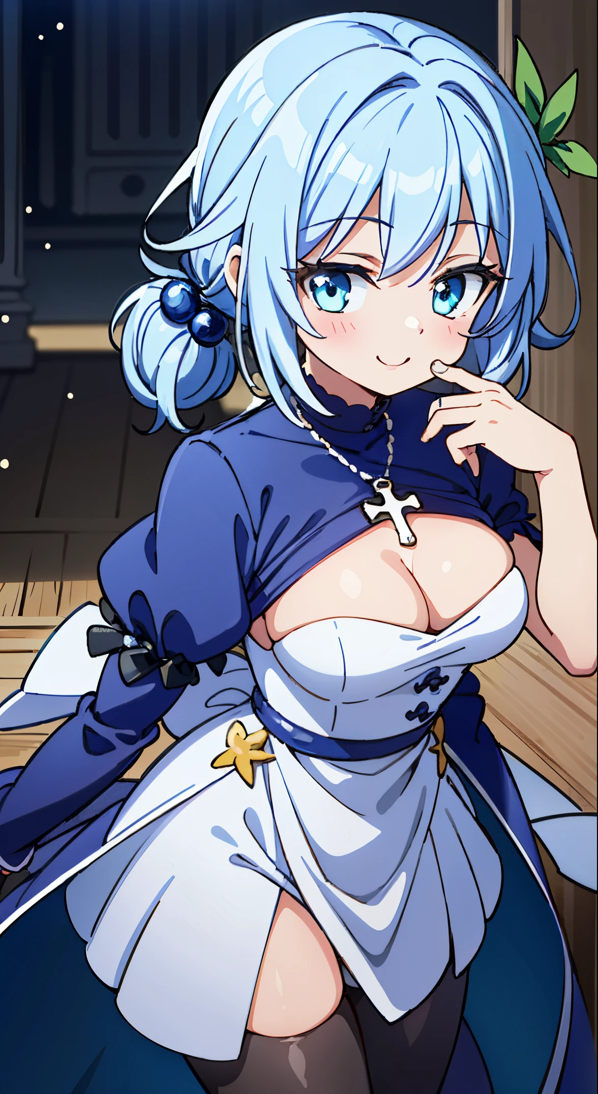 (masutepiece, Transparent air, Transparent eyes,Best Quality, Perfect Anatomy, High quality:1.4), absurderes, absolutely resolution, unbelievable Ridiculous, hight resolution, ultra-detailliert, Official art, Unity 8k壁纸, Kinetic typography,nice hand, Perfect hands, Detailed beautiful hands, Large_filesize, fulcolor, hight resolution, symmetric, exceptional, Best aesthetic, newest, Anime, very beautiful detailed body,The hair,faces,The eye, BREAK, ( girl),1 person,Solo,(Cute:1.5),(Chibi:0.6),(kawaii:1.5),(Lori:0.5),(17 years olddetailed,colourfull,highest details,Clear skin,Beautiful skin,Shy,Very detailed,colourfull,highest details,Clear skin,Beautiful skin,Shy skin,1 beautiful girl,{Heterochromia,pale blue eyes,pale green eyes:1.5},star eye silhouette, BREAK,(pale blue hair, Medium length:1.4),(Side Ponytail,A little curly hair,Single-sided twisted blade,Princess Cut:1.3),(cleavage of the breast,Large breasts,Beautiful , gleaming skin,Clear skin, Beautiful skin,(best quality face),(Top quality glowing eyes),(The best smile,Doya face:1.45), traditional nun costume,
Full-length black custom with wide sleeves,
Hairstyle with white scars covering the head,
A black veil over the shoulders is optional,
BREAK is a comfortable black shoe, Flat Shoes, low heel shoes etc..,
Create a cohesive look with black tights and stockings,
BREAK holds a rosary in his hand.、I wear it on my waist。,
Cross necklace as a symbolic accessory,
BREAK
, Natural makeup with an emphasis on a calm atmosphere,
Hair is tucked neatly under a wimple or hairstyle, From above ,depth of fields,
BREAK,wakame,wakame,wakame,(Cowboy Shot:1.4),
BREAK,(Blurry background:1.3),(absurderes, hight resolution, Super Detail Art),cel shading,Clear Color, Lonely optical effect, Beautiful pictures, Bright glow, mystic atmosphere,(Close-up of girl:1.1), Mystical light particle effect,manga influence, clean line drawings,