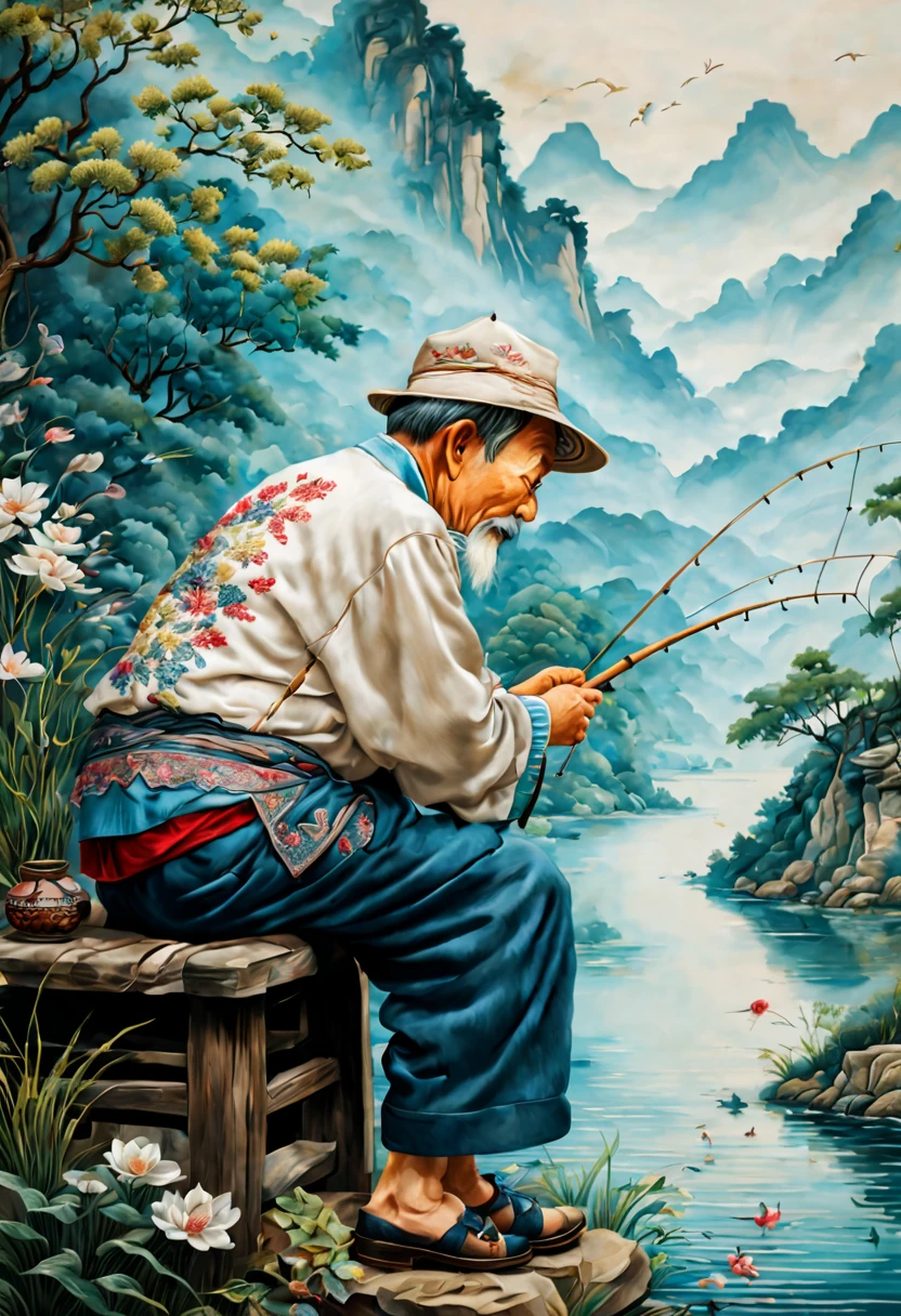 (Detailed embroidery, embroidery texture, embroidery art:1.3), (Color line and thread), old man fishing, backview, Chinese contemporary literati, intricate, (best quality, masterpiece, Representative work, official art, Professional, unity 8k wallpaper:1.3)