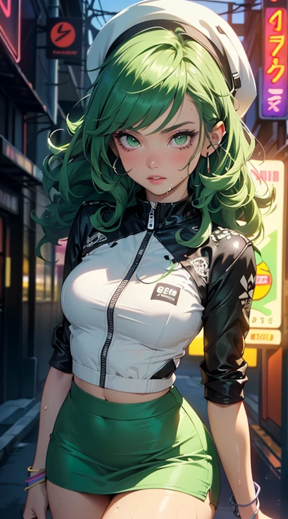 YouTuber girl,(((1girl))),((extremely cute and pretty girl with green curly hair)),

(small breasts:1.4),(((green curly hair:1.35, very curly hair, colored inner hair, ear breathing, short fur))), (((green eyes:1.3))), intricate eyes, beautiful eyes detailed, symmetrical eye), delicate detailed fingers, detailed body, human hands, (detailed face),

Revealing clothes ,show skin, ((rave mini skirt, Bracelets, G-string visible, Loose white cap with pop art print)), ((wet clothes, intricate clothes, intricate clothes)),

(dynamic pose:1.0), embarrassed, (Centered, scale to fit dimensions, rule of thirds),

seaside town at night with glowing neon signs,

Unreal Engine:1.4, UHD, Best Quality:1.4, Photorealistic:1.4, Skin Texture:1.4, Masterpiece:1.8, High, Sharp Focus, (Ultra Detailed, Extremely Detailed), (Photorealistic Art:1.37), (Extremely Detailed) CG unity 8k wallpaper),((Synthwave background theme)), (((vibrant colors))), (intricate background), (masterpiece),(best quality),