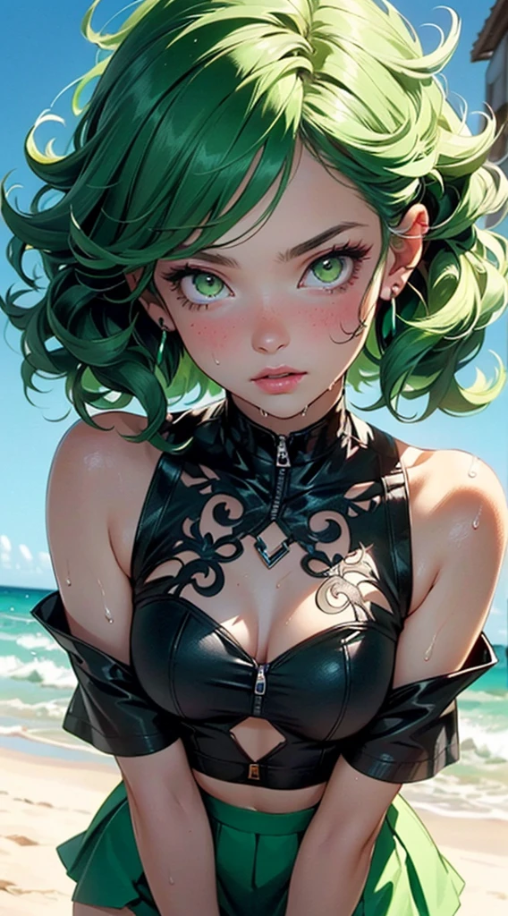 (work of art, best qualityer:1.4), (whole body), 1 girl, standing alone, out, in a desert with sand and dust, tatsumaki, (pelvic curtain:1.2), long sleeves, black gown, (hair green), shorth hair, medium breasts, beautiful smiling, beautiful  face, high-detailed face, highly-detailed eyes, highly detailed skin, skin pore, (((floating with a green aura))),  underground dispersal, realisitic pupils, full-face blush, fleshy lips, Depth of field, volumetric lighting, sharp focus, absurderes, realisitic proportions, good anatomy, (realisitic, hyperrealisitic:1.4), 16k hdr