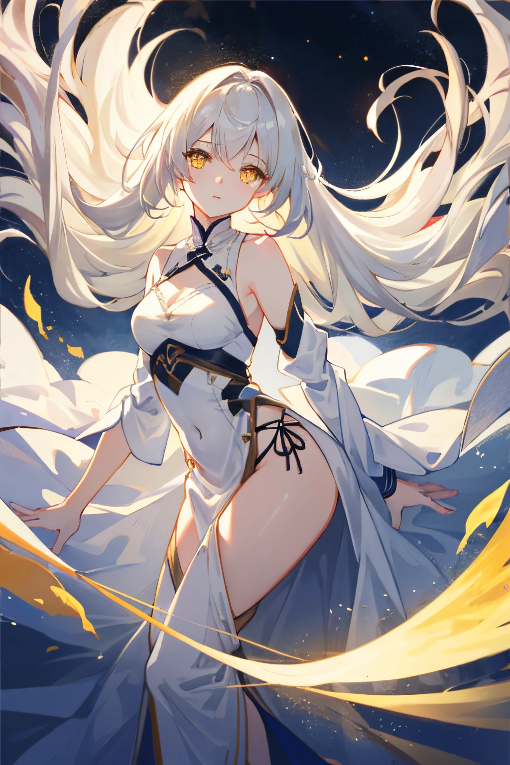 an extremely delicate and beautiful CG illustration, best quality, high resolution, dynamic angle, full-length shot, (1girl), yellow eyes and straight long white hair, floating, soft light, high-key lighting)