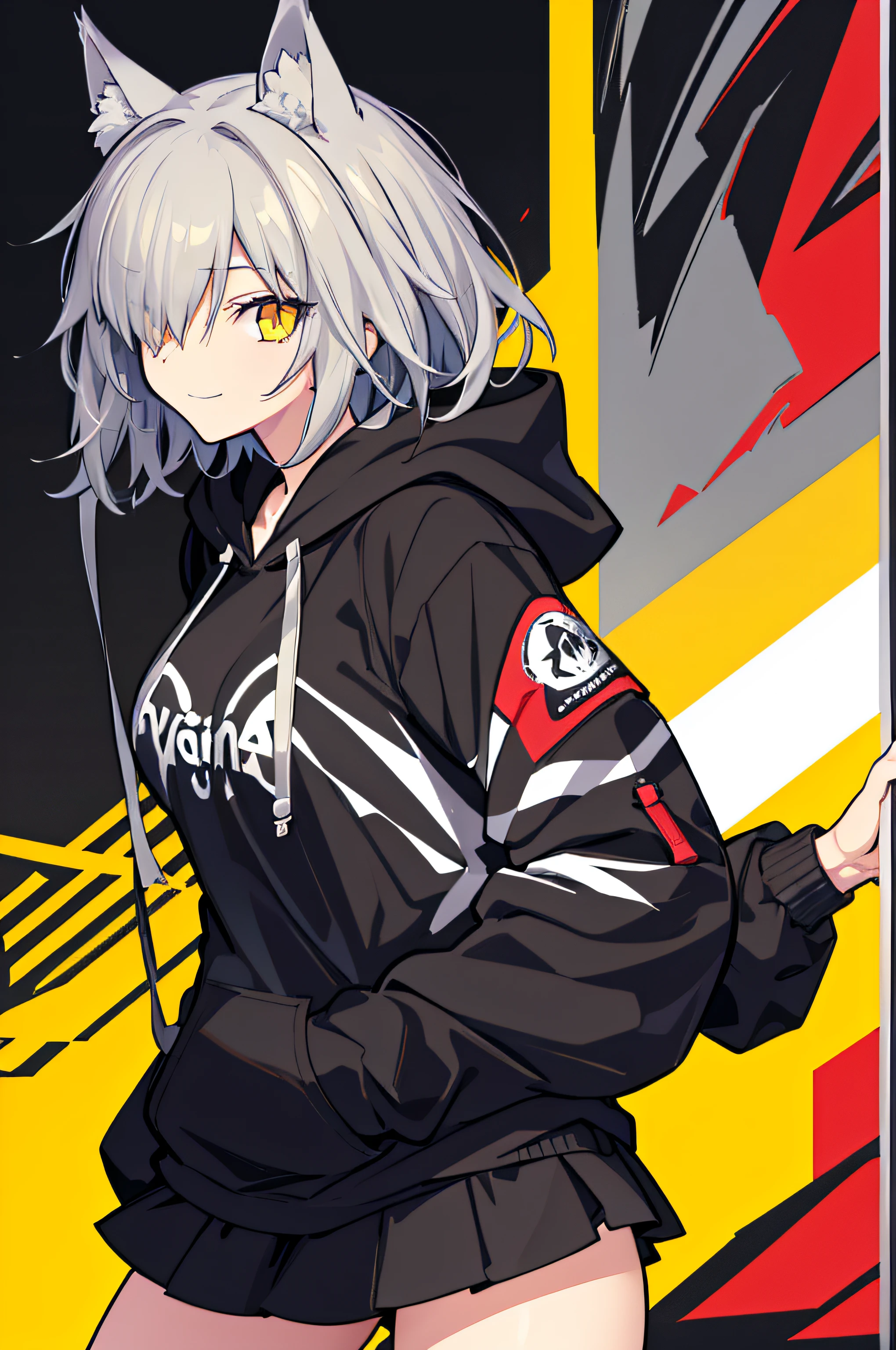 superfine illustration,1girl in,(simple background),((Black hoodie)),Hair over one eye,(Tachi-e),(Standing),Cowboy Shot,Grey Hair,Yellow eyes,Wolf ears,lightsmile,medium breasts