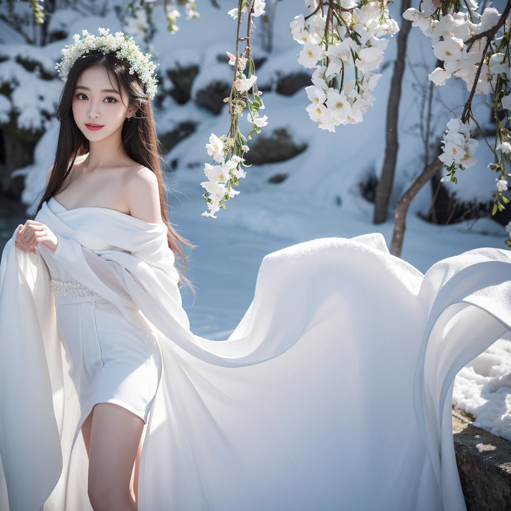 (masterpiece, best quality:1.2), 1girl, solo, delicate face, white-skinned female, see-through silhouette, white dress, full body,outdoor,kneeling,rose,dark_background, flower, ice_flower, icicle,