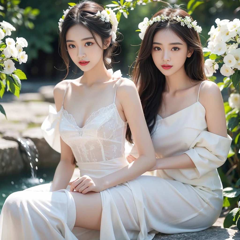 ((Realistic:1.5))(Best quality)), ((Masterpiece)),((Detailed)),2girls,duo,{2 beautiful women}, (Upper body:1.3),Hug and touch each other, Tease your friend's waist, Breathless friends, Biting a friend's earlobe, crouched,super wide shot,Face focus, Long legs,Curvy, Barefoot,Wide hips, Thin legs, Oversized eyes,Long eyelashes, (Detailed face,beautidful eyes, detailedpupils,detailed clothes features, Clear background:1.3), (armlets, bangle:1.3), Mysterious ancient ruins, floresta exuberante, Deep canyon,bridge,River,cliff,Cloud,lakes,Rock music,Waterfalls, Flowers, Grass,grape trees,tree,bright detail,Sharp,Perfect compounding, Intricate, Sharp focus, Dramatic,
