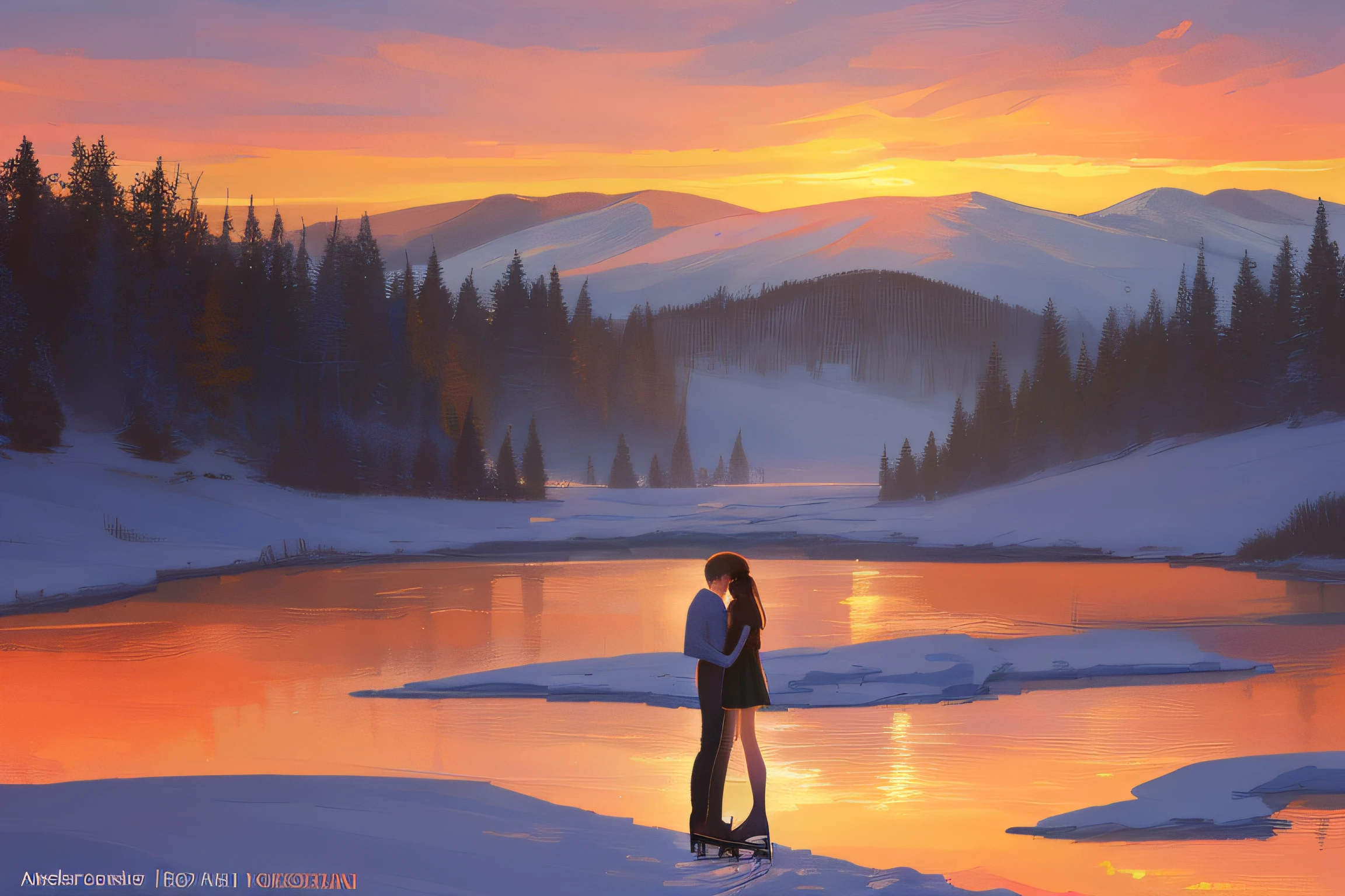 masterpiece), (best quality), (ultra detailed) A breathtaking sunset scene on a cold winter evening, with a vibrant orange sky. A couple gracefully ice skating on a frozen lake, creating a romantic and picturesque atmosphere. The lighting is warm and soft, highlighting the couple's movements. The artwork is highly detailed and realistic, resembling a masterpiece by Thomas Kinkade and Greg Olsen. It has a cinematic quality, evoking feelings of warmth and romance. The resolution is 4k, allowing for fine details to be expressed.