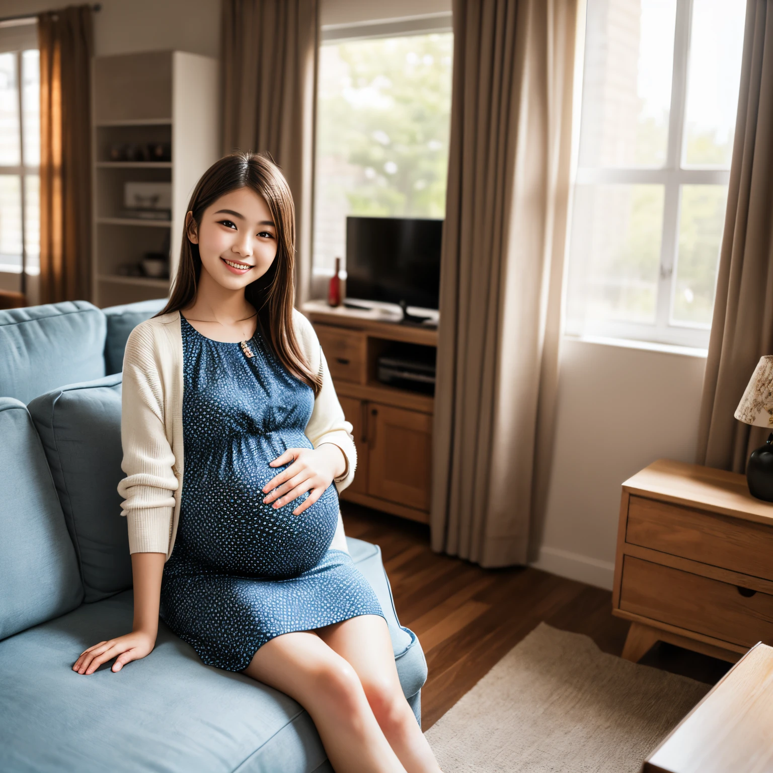 ((top-quality、masutepiece、8K、Top image quality、Hyper-Realism、SFW、1 photo))、(very young 12 year old girl:1.5)、1 very elegant girl、Pregnancy、wearing maternity clothes、sit elegantly on the sofa in the living room、Cozy living room、clean and refreshing living room、the best smile when you look at me、The happiest smile、long、The background is the living room of the apartment、(photo of her from the knees up)、(perfect anatomia:1.2)、(Accurate clothing:1.2)、Bright lighting
