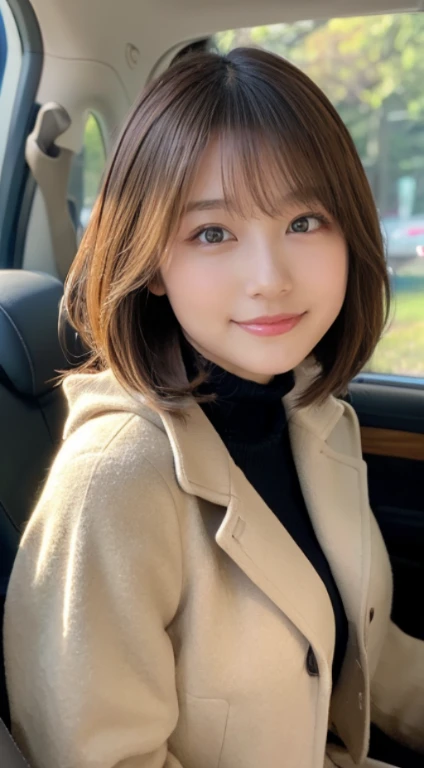 (Photorealistic), (ultra high realistic), (Ultra high definition), (ultra high detailed), (Increase contrast), (Increase saturation), (A -yeld gi, (light skinned)A pretty woman with perfect figure, Cute face, Beautiful expression, (Lifelike face), Beautiful hairstyle, Realistic eyes, beautiful detail, (real looking skin), Beautiful skins, enticing, The ultra -The high-definition, A hyper-realistic, Realistic, Very detailed, Japanese, a short bob, bangss), (Light brown wool short coat and knee-high boots、japanese cute idol, Tartan check)((Very short miniskirt)) Gentle smile, Brown hair,、The cleavage looks bold、beutiful breast、thin-waist、((lying in the passenger seat of a car))