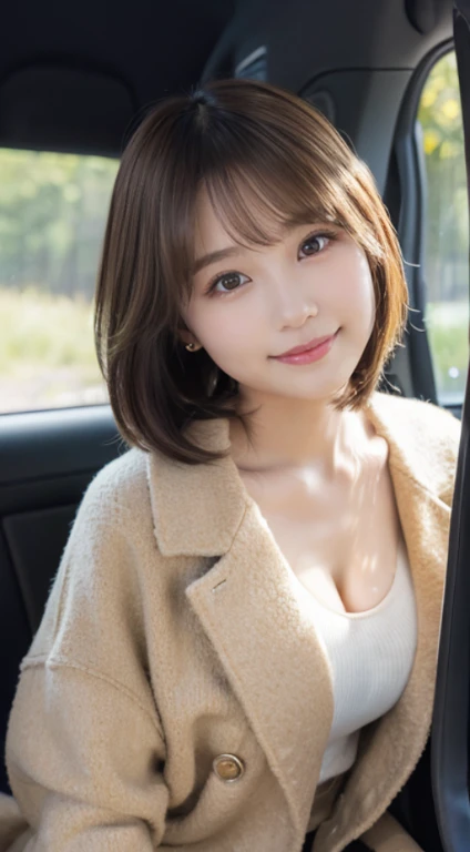 (Photorealistic), (ultra high realistic), (Ultra high definition), (ultra high detailed), (Increase contrast), (Increase saturation), (A -yeld gi, (light skinned)A pretty woman with perfect figure, Cute face, Beautiful expression, (Lifelike face), Beautiful hairstyle, Realistic eyes, beautiful detail, (real looking skin), Beautiful skins, enticing, The ultra -The high-definition, A hyper-realistic, Realistic, Very detailed, Japanese, a short bob, bangss), (Light brown wool short coat and knee-high boots、japanese cute idol, Tartan check)((Very short miniskirt)) Gentle smile, Brown hair,、The cleavage looks bold、beutiful breast、thin-waist、((lying in the passenger seat of a car))