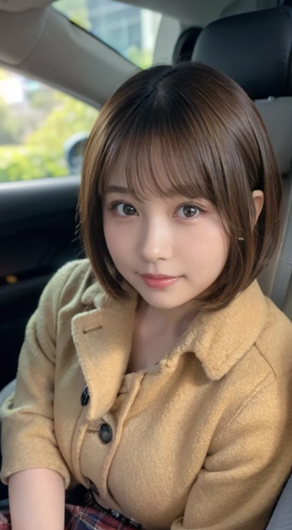 (Photorealistic), (ultra high realistic), (Ultra high definition), (ultra high detailed), (Increase contrast), (Increase saturation), (A 12-year-old girl), (light skinned)A pretty woman with perfect figure, Cute face, Beautiful expression, (Lifelike face), Beautiful hairstyle, Realistic eyes, beautiful detail, (real looking skin), Beautiful skins, enticing, The ultra -The high-definition, A hyper-realistic, Realistic, Very detailed, Japanese, a short bob, bangss), (Light brown wool short coat and knee-high boots、japanese cute idol, Tartan check)((Very short miniskirt)) Gentle smile, Brown hair,、The cleavage looks bold、beutiful breast、thin-waist、((lying in the passenger seat of a car))