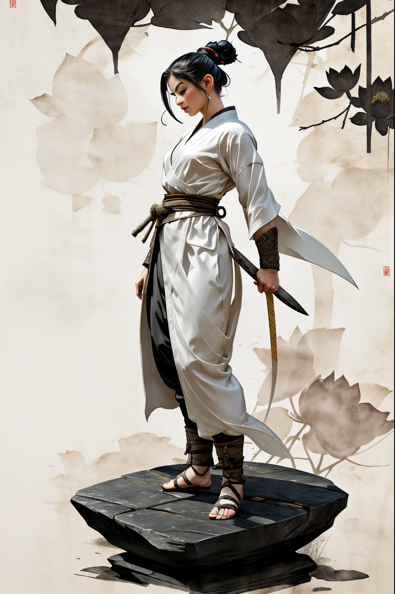 Ancient Ninja beauty standing on stone, wearing ancient Ninja costume, lazy pose, large lotus leaves, lotus flowers, ink painting style, clean colors, decisive cutting, white space, freehand, masterpiece, super detailed, epic composition, high quality, highest quality, 4k --v 6