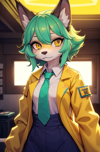 A beautiful small breasted wolf girl with vibrant colours stands in an apartment interior. She has mint green short ((scruffy hair)) and glowing yellow eyes. She is wearing a ((golden scientist jacket with a gold necktie)). The overall atmosphere is filled with vibrant colours and a sense of elegance.