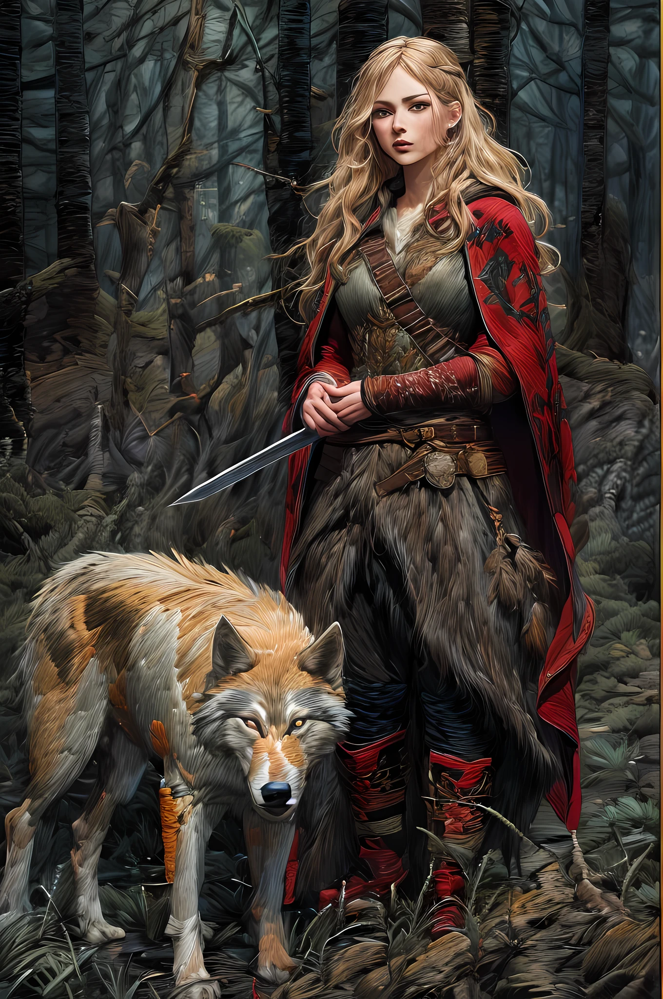 (embroidery artwork: 1.5), punch needle embroidery, masterwork art, ultra wide shot, RAW, a picture of female human ranger and her wolf pet, the ranger, an exquisite beautiful human woman, long blond hair, braided hair, green eyes, wearing leather armor, wearing (red cloak: 1.1), armed with a (sword: 1.3), wearing laced boots, standing in a dark forest at night, (mist rising from the grounds: 1.3), a sense of dread and fear, yet she stands defiant and fearless, her wolf pet stands near her, protecting her, dark fantasy forest background, best quality, 16k, [ultra detailed], masterpiece, best quality, (ultra detailed), full body, ultra wide shot,