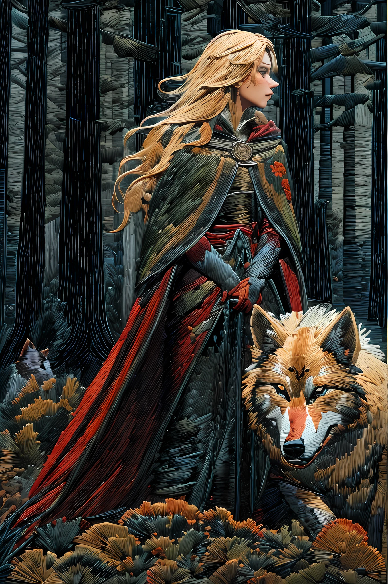 (embroidery artwork: 1.5), punch needle embroidery, masterwork art, ultra wide shot, RAW, a picture of female human ranger and her wolf pet, the ranger, an exquisite beautiful human woman, long blond hair, braided hair, green eyes, wearing leather armor, wearing (red cloak: 1.1), armed with a (sword: 1.3), wearing laced boots, standing in a dark forest at night, (mist rising from the grounds: 1.3), a sense of dread and fear, yet she stands defiant and fearless, her wolf pet stands near her, protecting her, dark fantasy forest background, best quality, 16k, [ultra detailed], masterpiece, best quality, (ultra detailed), full body, ultra wide shot,