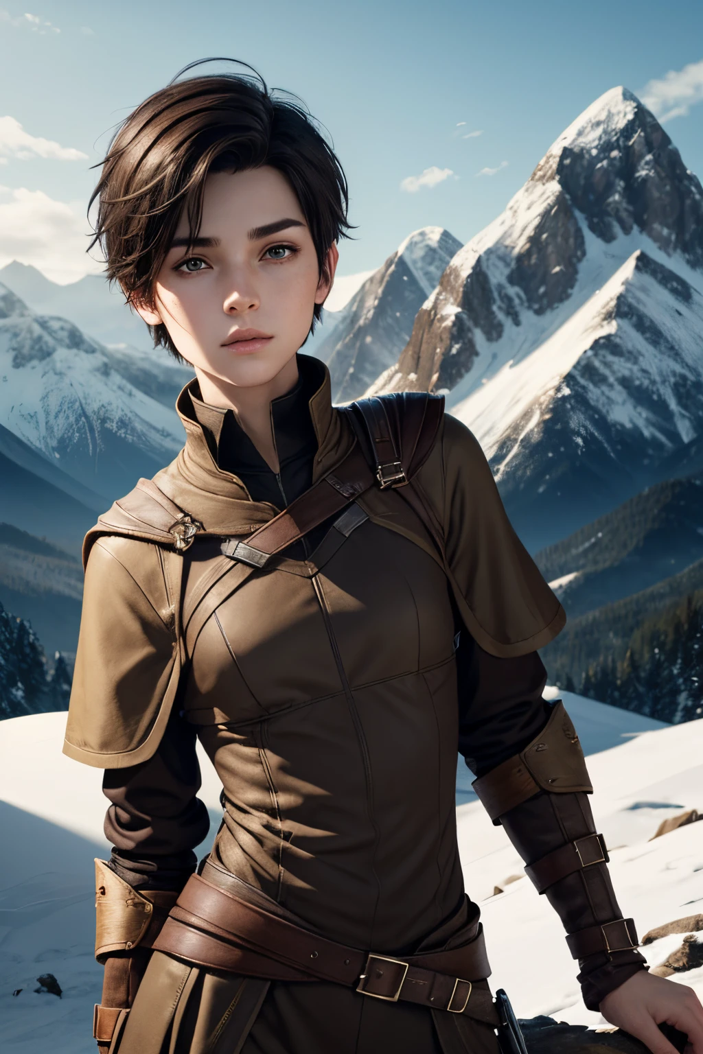 An androgynous female ranger. Fantasy setting. Very short hair. Short manly haircut. Dark-brown hair with a undercut. Very pale skin with freckles and liverspots. Round soft face. Round soft chin. Round soft cheeks. Curved lips. Long wide nose. Dark brown eyes. Upturned eyes. Very thin, barely visible eyebrows. Slim. Small chest. Long thick legs. Friendly. Kind. Androgynous. Tomboyish. Wearing the used clothes of ranger. Background: An skandinavian landscape. Mountains and snow.