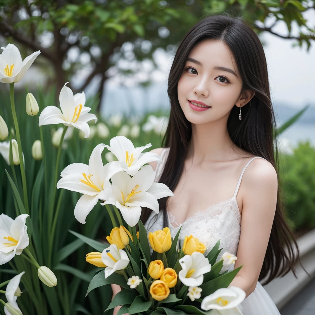 She was so beautiful，As if coming from heaven。Her stunning face is like the bright spring sunshine，cast a soft halo on her face。Her skin was as fair as snow，Smooth and delicaike a newly blooming snowdrop。The tall bridge of the nose outlines the perfect silhouette，The slightly upturned lips exude strength。

Her eyes are like two deep stars，Shining with wisdom and mystery。Black eyes contain endless tenderness and warmth，It seems to be able to see through people's hearte intoxicated unconsciously。The slender eyebrows are carefully outlined by an artist，The shyness revealed during gentle stretching，It makes people feel compassion。

Her hair falls like a waterfall on her shoulderlack and bright，Shining with a charming sheen。Every hair strand appears so smooth and elastic，a gentle touch，As if touching soft silk。She pushed a strand of hair behind her ear，Showing slender earlobes，Outline the perfect curve。

Stunning beauty holds a bouquet of flowers lightly，The bright colors of the flowers seem to light up the whole world。Pink rose、White lilies and pale yellow tulips intertwined into a sea of flowers in her delicate hands.。She uses a gentle smile，Pass the bouquet to the people around you，That smile contains endless blessings and love。

This stunning beauty is not only beautiful in appearance，She also has a unique temperament，Exudes elegance and confidence。She walks gracefully，Every move is full of charm and elegance。Her presence seems to bring a bright color to the whole world，Make people feel the beauty and richness of life。