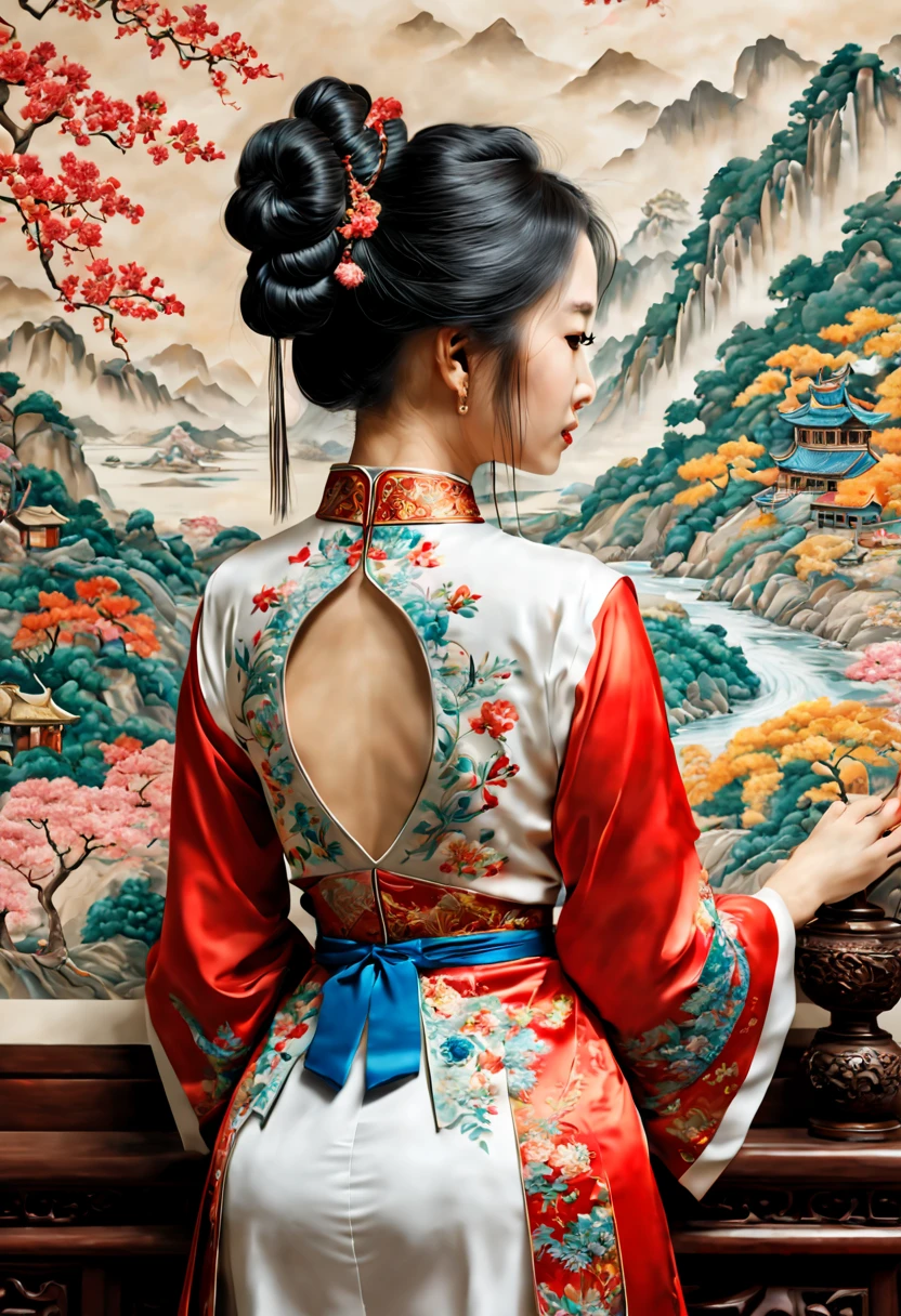 Embroidery works using threads of all colors, 1girl, backview, Chinese contemporary literati, intricate, (best quality, masterpiece, Representative work, official art, Professional, unity 8k wallpaper:1.3)