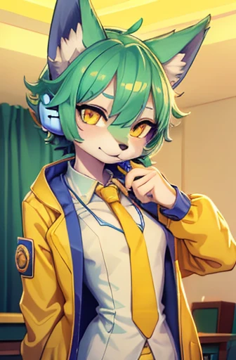 A beautiful small breasted wolf girl with vibrant colours stands in an apartment interior. She has mint green short ((scruffy hair)) and glowing yellow eyes. She is wearing a ((golden scientist jacket with a gold necktie)) (((as well as headphones))). The overall atmosphere is filled with vibrant colours and a sense of elegance.