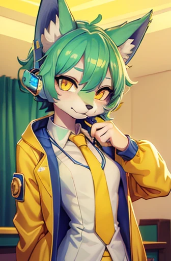 A beautiful small breasted wolf girl with vibrant colours stands in an apartment interior. She has mint green short ((scruffy hair)) and glowing yellow eyes. She is wearing a ((golden scientist jacket with a gold necktie)) (((as well as headphones))). The overall atmosphere is filled with vibrant colours and a sense of elegance.