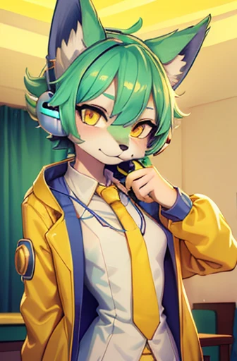 A beautiful small breasted wolf girl with vibrant colours stands in an apartment interior. She has mint green short ((scruffy hair)) and glowing yellow eyes. She is wearing a ((golden scientist jacket with a gold necktie)) (((as well as headphones))). The overall atmosphere is filled with vibrant colours and a sense of elegance.