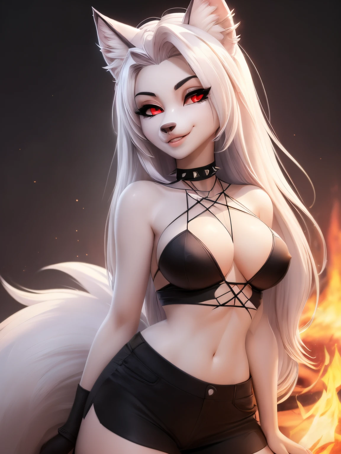 ((ultra quality)), ((tmasterpiece)), loona, The Wolf Girl, Furry Wolf, ((White, hairlong)), ((there are only wolf ears, black)), ((there is a wolf fluffy white tail at the back of the back)), (Beautiful cute face), (beautiful female lips), Charming, (beautiful wolf nose), ((sexy facial expressions)), looks at the camera and smiles tenderly, eyes are slightly closed, (Skin color: white), (White Skin Skin), Body glare, ((detailed beautiful female eyes)), ((red-eyes)), (juicy female lips), (beautiful female hands), ((perfect female figure)), perfect female body, Beautiful waist, nice feet, Beautiful feet, black claws, gorgeous big thighs, Beautiful medium breasts, ((Subtle and beautiful)), seductively worth it (close-up of the face), (wearing black shorts, black ripped top pentagram star neckline, black choker with spikes) background: hell, fire, Everything is on fire, ((Depth of field)), ((high quality clear image)), (crisp details), ((higly detailed)), Realistic, Professional Photo Session, ((Clear Focus)), the anime, NSFW