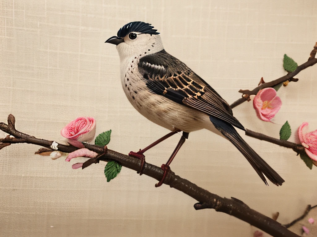embroidery, intricate embroidery, floral embroidery, The pattern is a bird perched on a flower branch，Lovely detailed artwork, silk dress，The cloth，Add details, The content is very detailed, The content is very detailed, tmasterpiece，ultraclear，