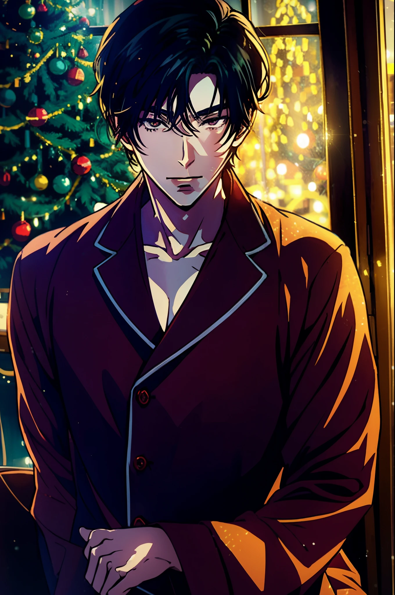 anime handsome man, sofa, Christmas silk pajamas, christmas lights, dim lights, winter forest behind the window