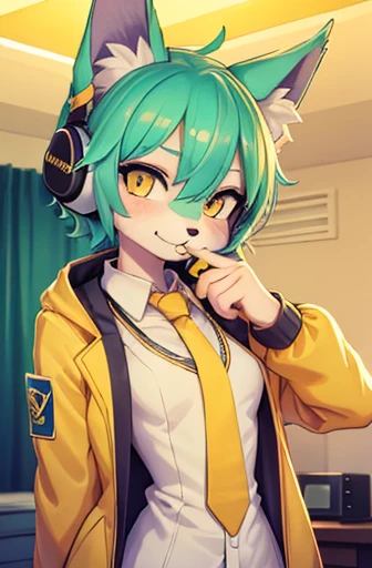 A beautiful small breasted wolf girl with vibrant colours stands in an apartment interior. She has mint green short ((scruffy hair)) and glowing yellow eyes. She is wearing a ((golden scientist jacket with a gold necktie)) (((as well as headphones))). The overall atmosphere is filled with vibrant colours and a sense of elegance.