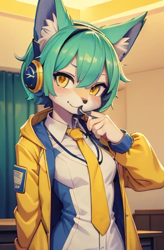 A beautiful small breasted wolf girl with vibrant colours stands in an apartment interior. She has mint green short ((scruffy hair)) and glowing yellow eyes. She is wearing a ((golden scientist jacket with a gold necktie)) (((as well as headphones))). The overall atmosphere is filled with vibrant colours and a sense of elegance.