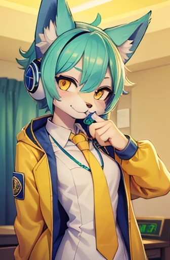 A beautiful small breasted wolf girl with vibrant colours stands in an apartment interior. She has mint green short ((scruffy hair)) and glowing yellow eyes. She is wearing a ((golden scientist jacket with a gold necktie)) (((as well as headphones))). The overall atmosphere is filled with vibrant colours and a sense of elegance.