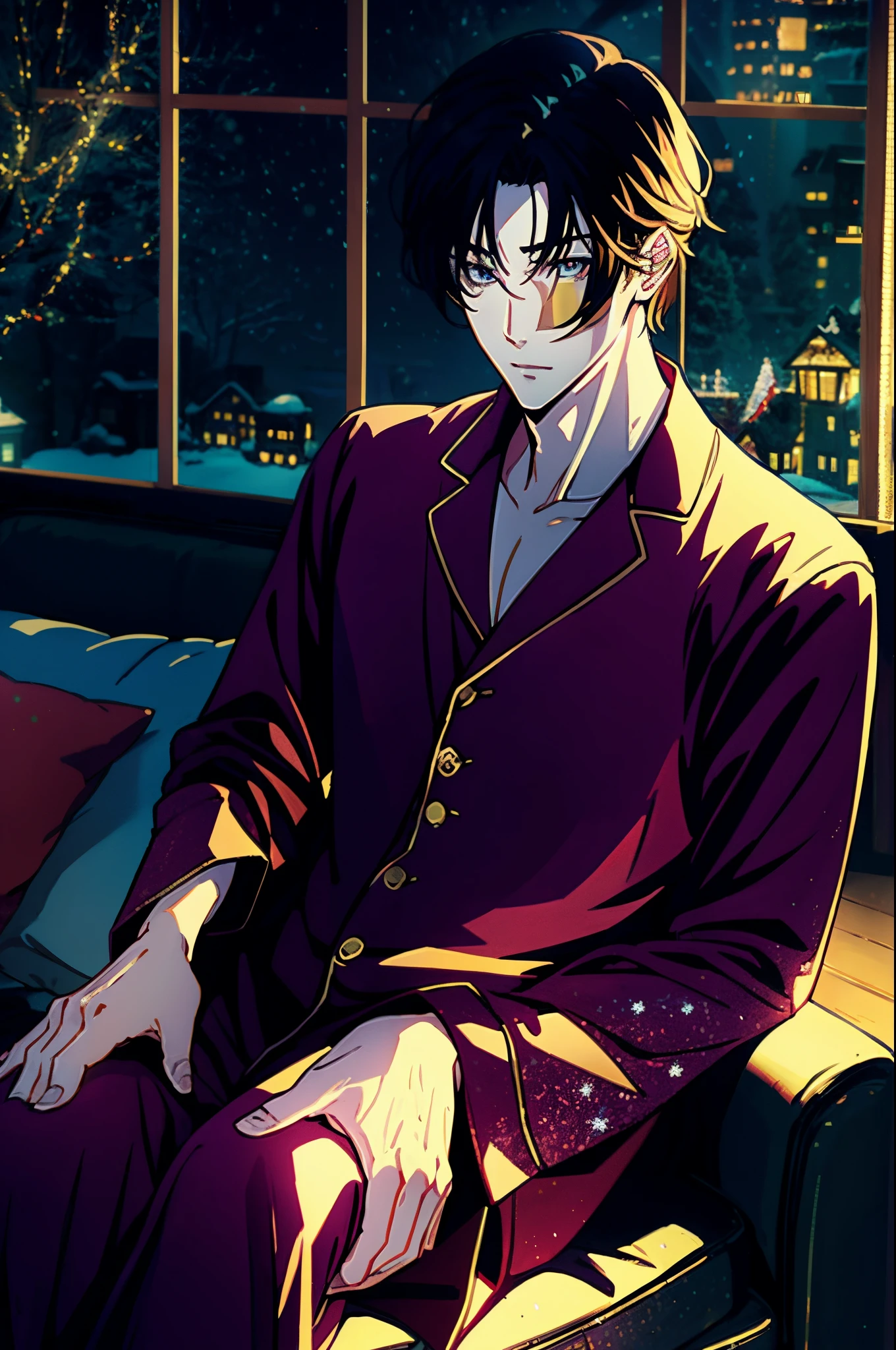 anime handsome man, sofa, Christmas silk pajamas, christmas lights, dim lights, winter forest behind the window