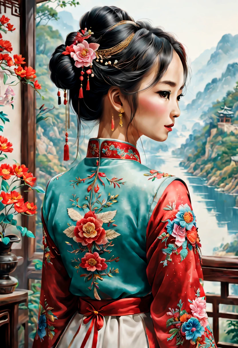 Embroidery works using threads of all colors, 1girl, backview, Chinese style, intricate, (best quality, masterpiece, Representative work, official art, Professional, unity 8k wallpaper:1.3)