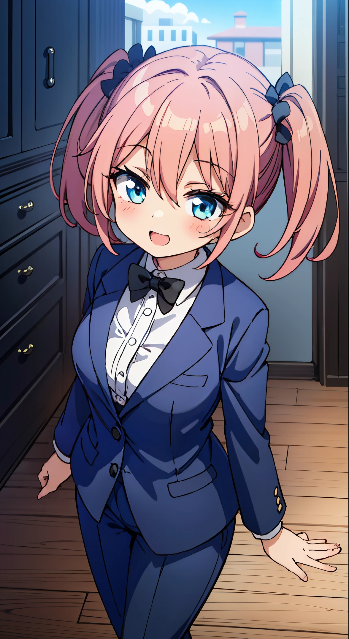 (masutepiece, Best Quality, Perfect Anatomy, High quality:1.4), absurderes, absolutely resolution, unbelievable Ridiculous, hight resolution, ultra-detailliert, Official art, Unity 8k壁纸, Kinetic typography,nice hand, Perfect hands, Detailed beautiful hands, Large_filesize, fulcolor, hight resolution, symmetric, exceptional, Best aesthetic, newest, Anime, very beautiful detailed body,The hair,faces,The eye, BREAK, 1 beautiful girl, Solo,(Cute:1.5),(Chibi:0.8), (kawaii:1.5),(Lori:0.5), BREAK, (girl, Cute, Cheerful, face, medium breasts:1.2),(Pink hair,disheveled short twin tails,tareme,Gold eyes:1.2),gleaming skin,Clear skin, cleavage of the breast,Beautiful , gleaming skin,Clear skin, Beautiful skin,( A smile:1.5),(best quality face),(Top quality glowing eyes), (The best smile,Doya face:1.45),
BREAK is the elegance of a traditional English mansion butler,
equipping, Tailored blazer in classic neutral tones,
High-waisted trousers with straight or wide-leg cut,
A crisp white button-up shirt for a timeless look.,
Polished oxford shoes for a sophisticated touch,
classic black bow tie for formal men's clothing.,
Leather gloves and vintage watches as accessories.
Sleek bun or low ponytail for a sophisticated hairstyle,
Minimal makeup that emphasizes defined eyebrows,
Create a sophisticated atmosphere with subtle pearl or stud earrings,
BREAK ,(Office, desk work, whiteboard, sofa, buildings from window,Makuhoku Computer,
(upward looking gaze :1.2) ,
Looking Up ,
From above ,depth of fields,
BREAK,wakame,wakame,wakame,(Cowboy Shot:1.4),
BREAK,(Blurry background:1.3),(absurderes, hight resolution, Super Detail Art),cel shading,Clear Color, Lonely optical effect, Beautiful pictures, Bright glow, mystic atmosphere,(Close-up of girl:1.1), Mystical light particle effect,manga influence, clean line drawings,