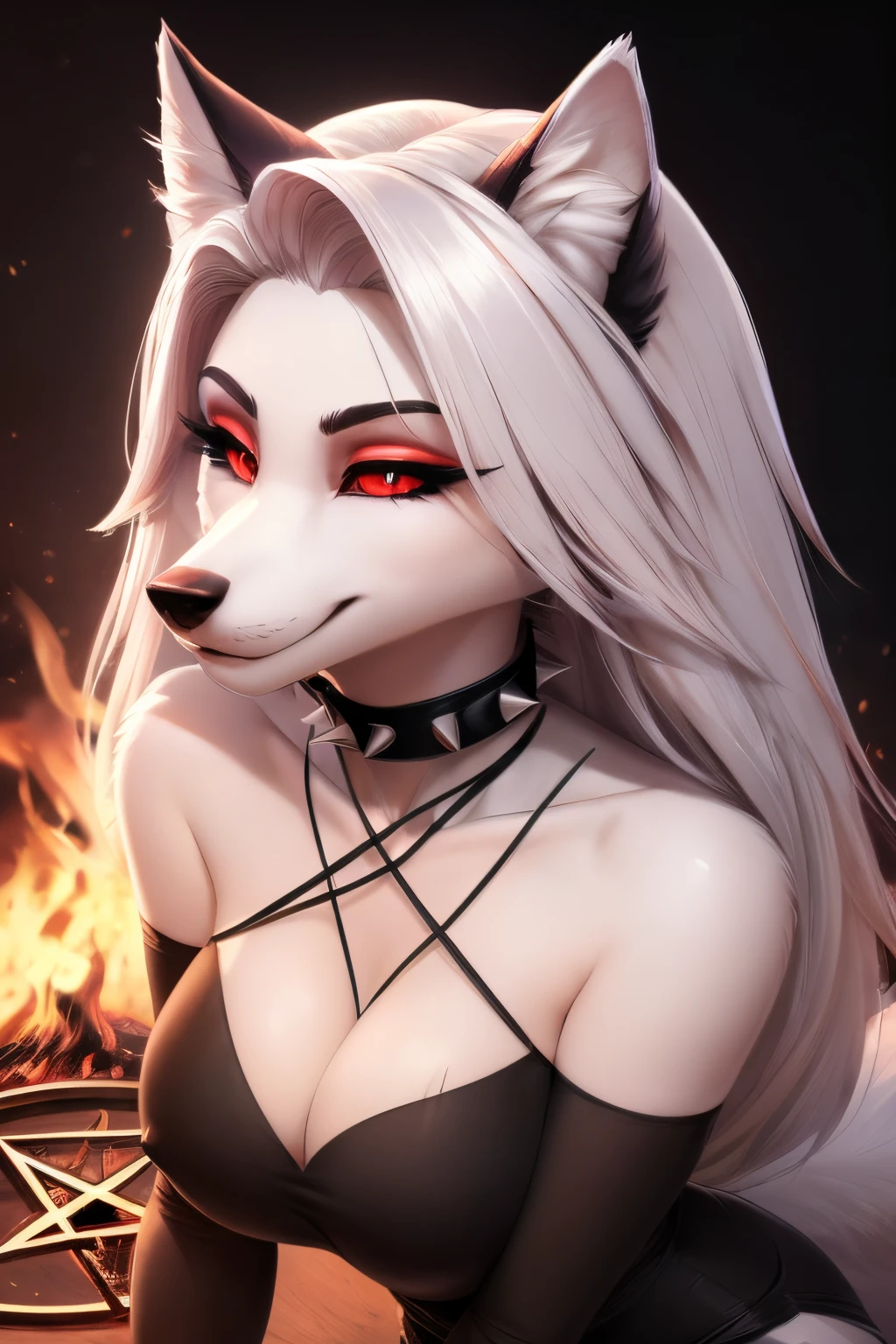 ((ultra quality)), ((tmasterpiece)), loona, The Wolf Girl, Furry Wolf, ((White, hairlong)), ((there are only wolf ears, black)), ((there is a wolf fluffy white tail at the back of the back)), (Beautiful cute face), (beautiful female lips), Charming, (beautiful wolf nose), ((sexy facial expressions)), looks at the camera and smiles tenderly, eyes are slightly closed, (Skin color: white), (White Skin Skin), Body glare, ((detailed beautiful female eyes)), ((red-eyes)), (juicy female lips), (beautiful female hands), ((perfect female figure)), perfect female body, Beautiful waist, nice feet, Beautiful feet, black claws, gorgeous big thighs, Beautiful medium breasts, ((Subtle and beautiful)), seductively worth it (close-up of the face), (wearing black shorts, black ripped top pentagram star neckline, black choker with spikes) background: hell, fire, Everything is on fire, ((Depth of field)), ((high quality clear image)), (crisp details), ((higly detailed)), Realistic, Professional Photo Session, ((Clear Focus)), the anime, NSFW