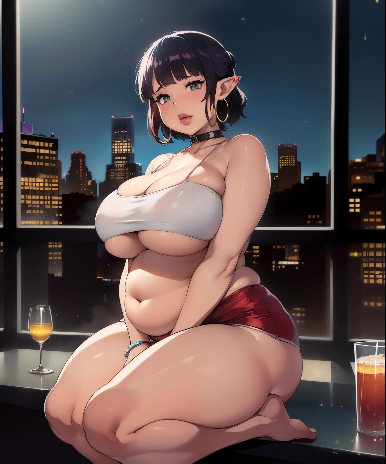 ( art by kipteitei:1.5) , ((masterpiece)), ((4k)), full body, pointy ears.
fat belly, large stomach, eating, plump belly, closeup. thick, fat girl, weight gain, (round belly),  (bimbo),(hoop earrings, puffy lips, painted lips, thick lips.:1.2)  (wide hips:1.2), thick thighs, bursting breasts,),navel, tube top, o-ring top, 
Nightlife, Night city, Cyberpunk city, futuristic cityscape.( NYC like an luxury hotel with view of central park:1.3), hotel window, cityscape,