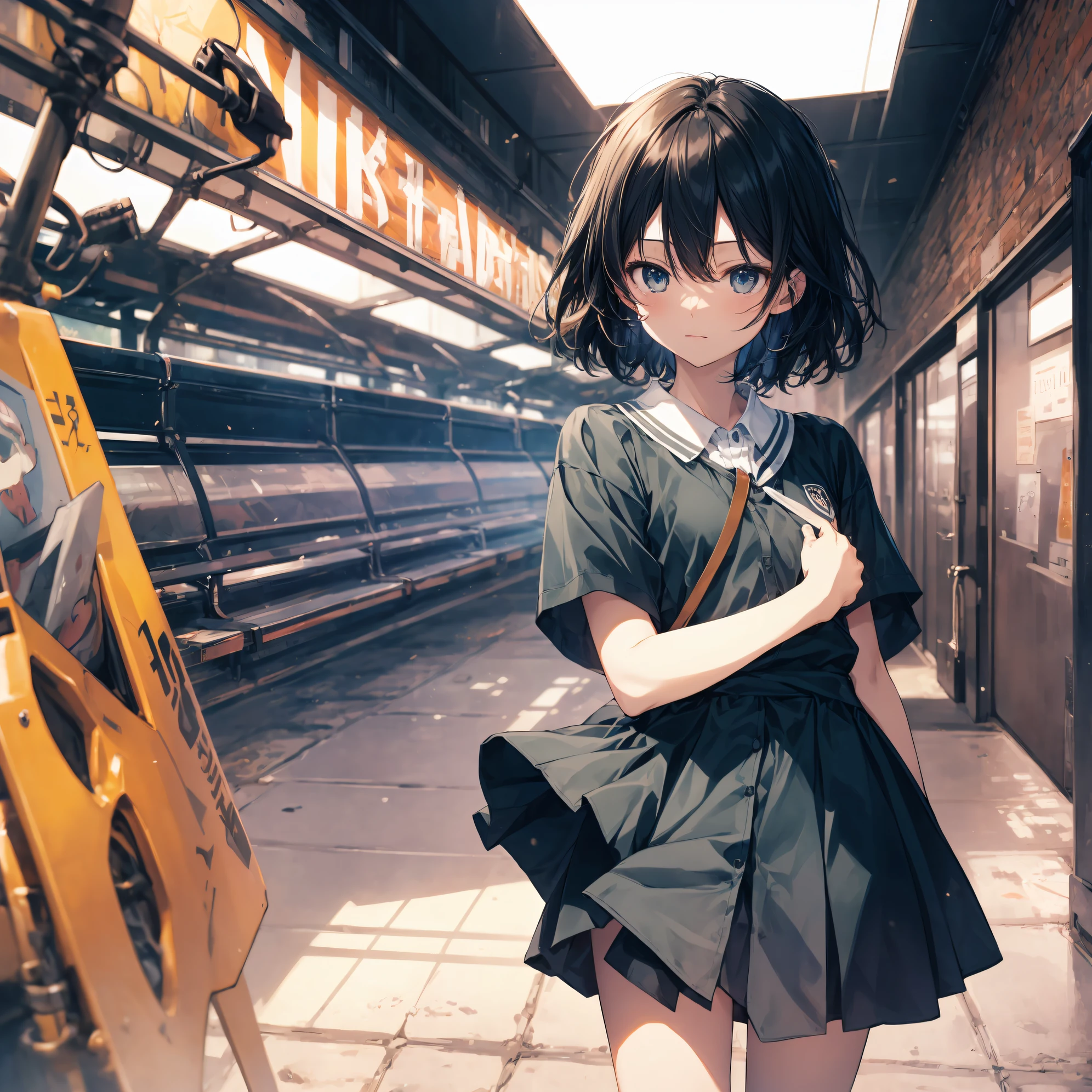 Super high quality by the art god, Ultra-detailed, High resolution, anime moe art style, Best Anime 8K Konachan Wallpapers, Pixiv Contest Winner, Perfect Anatomy, BREAK,(Draw a girl sleepily walking to school. ),BREAK, 1girl in, (Solo,Lori,child,13years:1.3),Full limbs, complete fingers,a junior high school student, Androgynous attraction, (Very short hair), Sleeping hair, hair messy, flat chest, Small butt, groin, Small eyes,Beautiful detailed black eyes, Well-proportioned iris and pupils, disgusted eye, High resolution detailed hair, School uniform, Skirt, On the way to school. BREAK,super detailed skin, Best lighting by famous artists, 8K, Illustration,