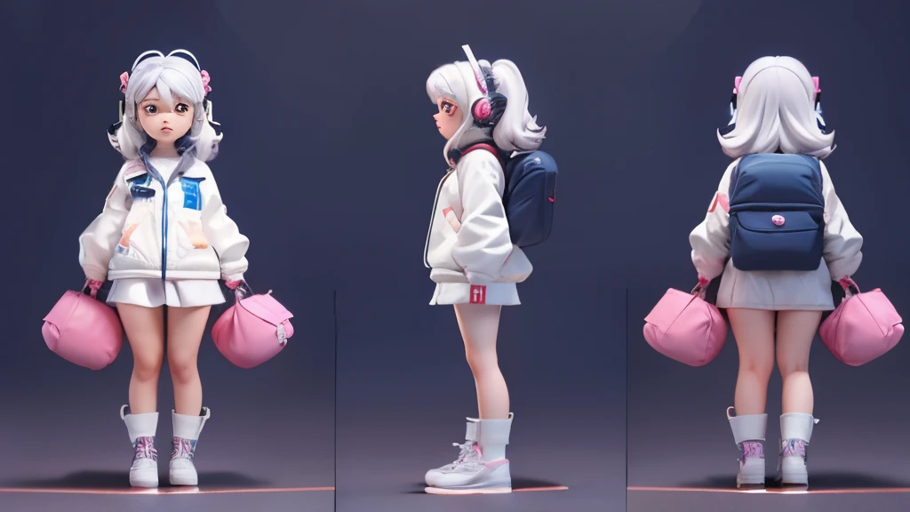 one-girl, pretty cool, voluminous hair, White hair,Lovely face， with headphones on, chics clothes, Wear small leather shoes, Carrying an inflatable school bag, solid color backdrop, 8K, tmasterpiece, The is very detailed, The is very detailed, Best quality at best, c4d, Blander,IP mirroring, Bubble Mart,The front of a character，Lateral face，on  back，Multiple views of the same role，full bodyesbian，Three perspective bodyesbian，Girl front view，side view of girl，girl rear view。