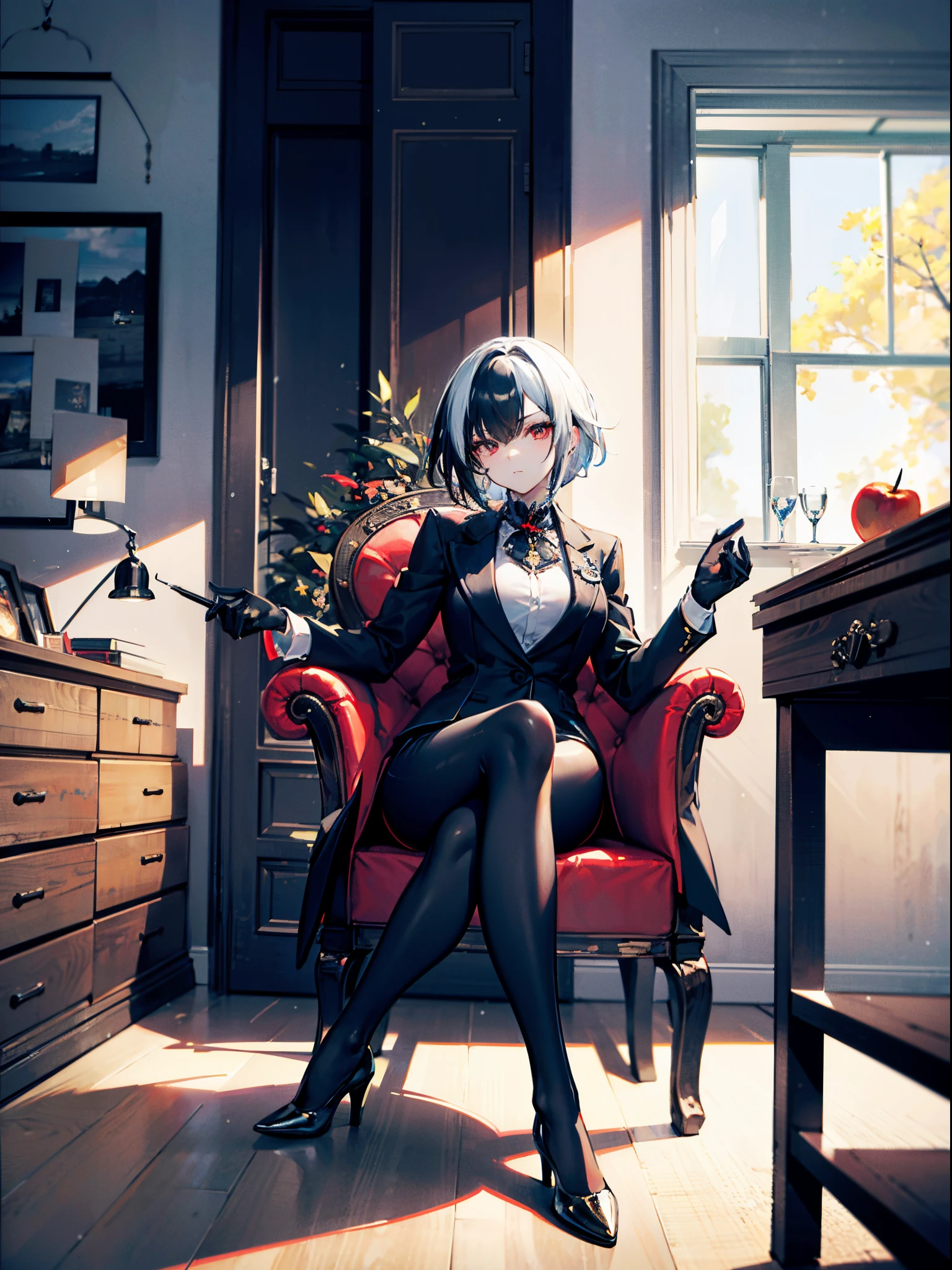 (masutepiece, Best Quality), 1girl in, Mature Woman, Tall Woman, White hair, Short hair, Black Gloves, formal clothes, Pants, sit a chair, crossed legs, 2 legs, Red Eyes, Serious look, looking at papers,  in hand, cabinet room, Book Shell, apples, Steampunk, coat on the back of the chair, good quality, harlequin \(GenshinImpact\), x-shaped pupils, multicolored hair, Black hair, elbows on the table, 4K, city, Snow outside the window,