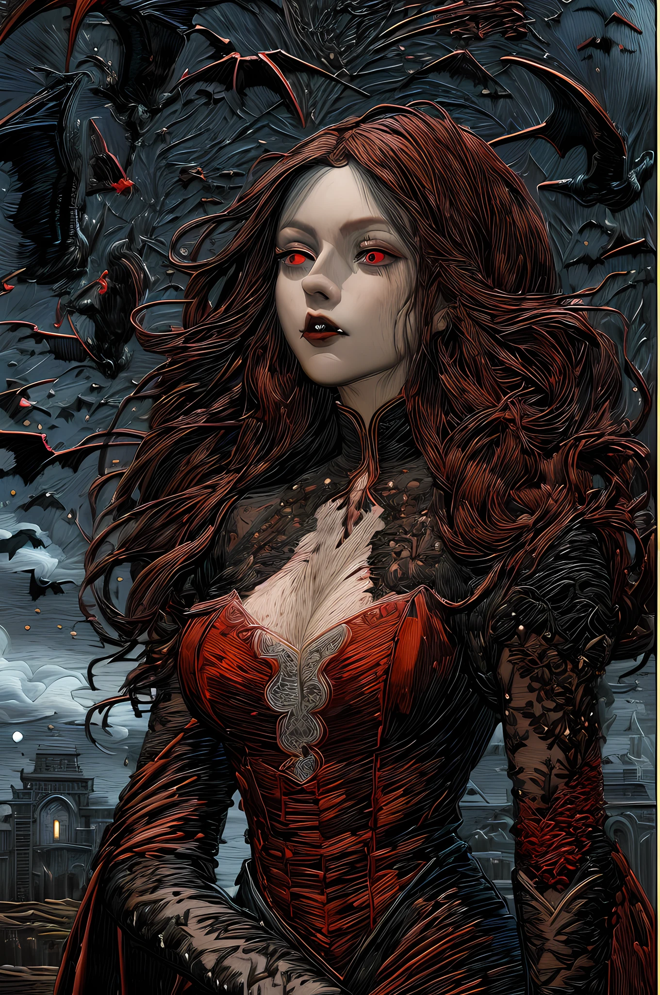 (embroidery artwork: 1.5), punch needle embroidery,  full body best details, highly detailed, best quality, highres, full body portrait of a vampire, elf (1.6, Masterpiece, best quality), ultra feminine (1.4 intricate details, Masterpiece, best quality) with a long curvy hair, dark color hair, red eyes (1.3 fantasy art, Masterpiece, best quality), ((beautiful delicate face)), Ultra Detailed Face (1.4 intricate details, fantasy art, Masterpiece, best quality), [visible sharp vampiric fangs] (1.6 intricate details, fantasy art, Masterpiece, best quality), [anatomically correct] red cloak, flowing cloak (1.4 intricate details, fantasy art, Masterpiece, best quality), wearing an intricate leather [white] dress (1.4 intricate details, gothic art, Masterpiece, best quality), high heeled boots, blood dripping on lipackground (intense details, beat detailantasy, at night light, natural ,moon light, soft moon light, moon rays, clouds, gothic atmosphere, gothic street background, bats flying in background, soft light, dynamic light, [[anatomically correct]], high details, best quality, 8k, [ultra detailed], masterpiece, best quality, (extremely detailed), dynamic angle, ultra wide shot, RAW, photorealistic