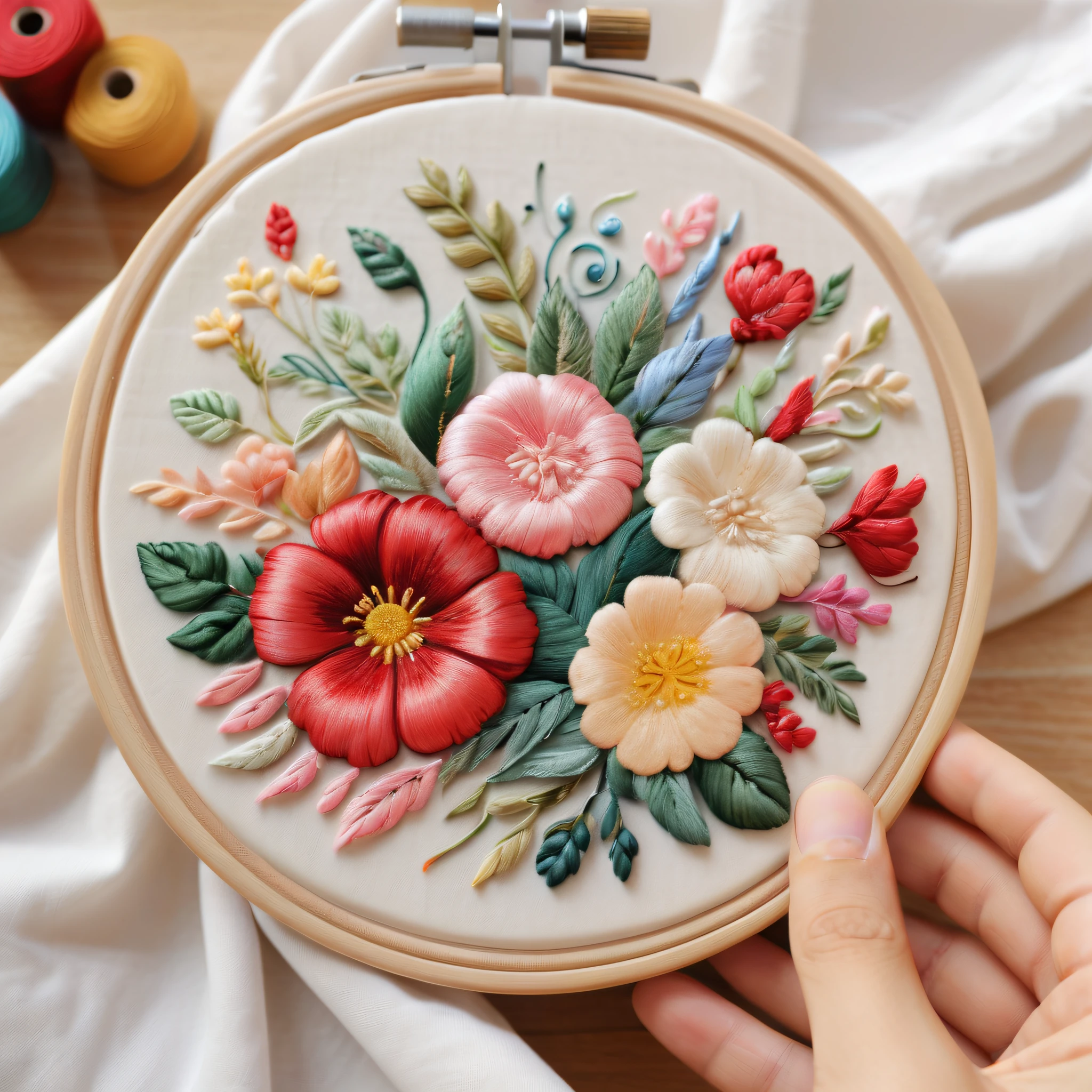 Best quality，tmasterpiece，超高分辨率，（Live photos：1.4），（sewing machine,），（embroidery，punch tip，embroidery），（Too much color quality，high detal，tmasterpiece，movie light effect，4K，lightand shade contrast）