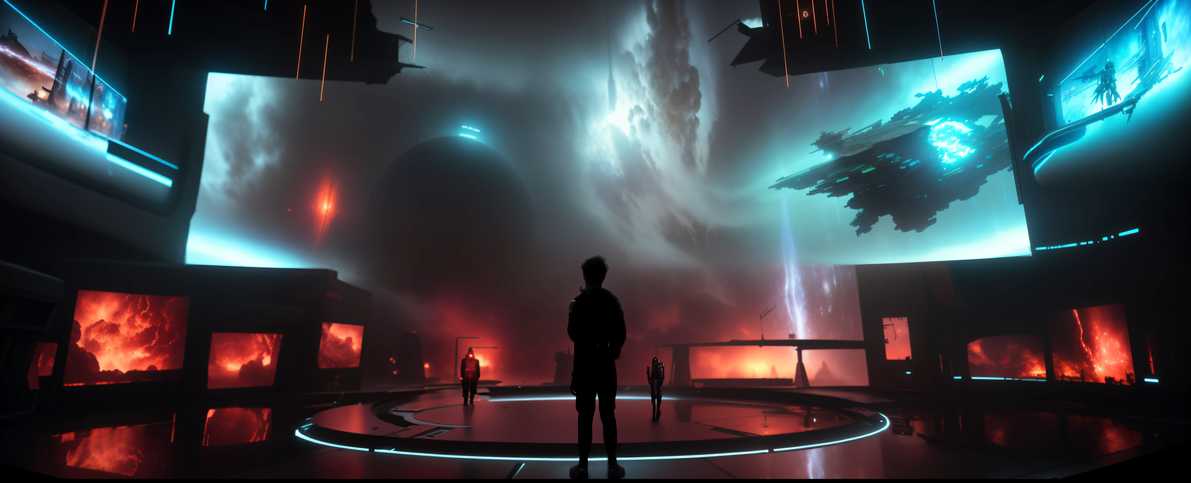 Feder's image of a man standing in front of a big screen, depicted as a scifi scene, Epic science fiction movie stills, Epic science fiction movie stills, in a scifi movie, sci - fi film still, matte painting of human mind, surreal sci fi set design, Sci-fi matte painting, dramatic sci-fi movie still, Sci-fi matte painting,super detailing,Best quality,Details 4k,science fiction elements