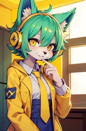 A beautiful small breasted wolf girl with vibrant colours stands in an apartment interior. She has mint green short ((scruffy hair)) and glowing yellow eyes. She is wearing a ((golden scientist jacket with a gold necktie)) (((as well as headphones))). The overall atmosphere is filled with vibrant colours and a sense of elegance.