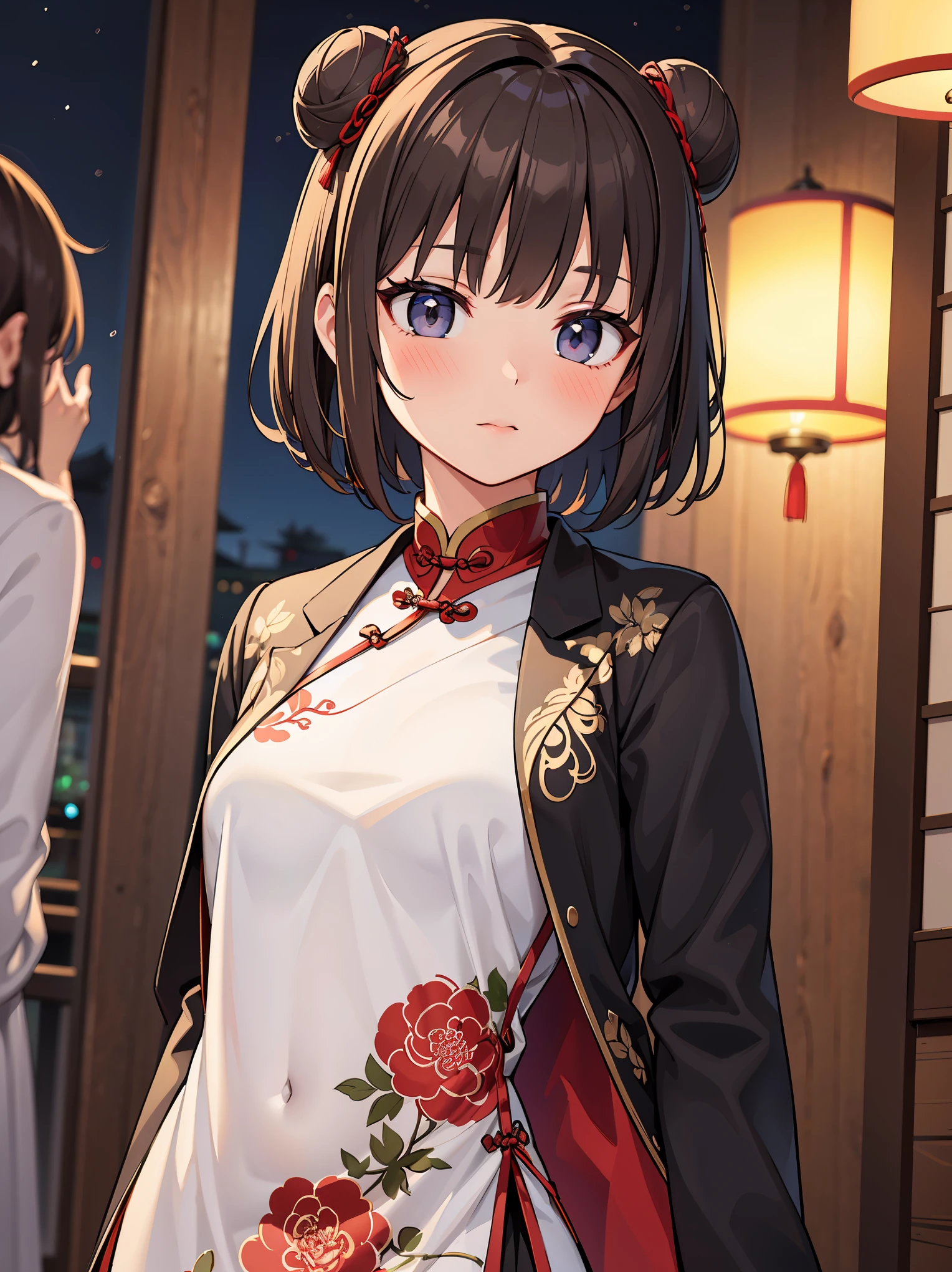(in 8K, Raw photography, Best Quality, masutepiece: 1.2), high-definition RAW color photography, Professional Photography, Cinematic Light, (animesque:1.2), (ung chinese woman), (Brown hair, short-cut, Bun head)slenderbody, Woman posing for a photo wearing a black jacket and white dress, with acient chinese clothes, Chinese style, traditional Chinese clothing, In the aesthetics of ancient China, traditional chinese, black and red silk clothing, chinese costume, dragon-inspired cloth robes, Chinese dress, Jacket, wearing a fancy black jacket, wearing ornate silk clothes, ((Focus on embroidery:1.1)), (((upperbody shot))),((full-face blush)), ((Night)), Realistic, Highly detailed, Photography, masutepiece, High quality, High quality, hight resolution, Professional Lighting,