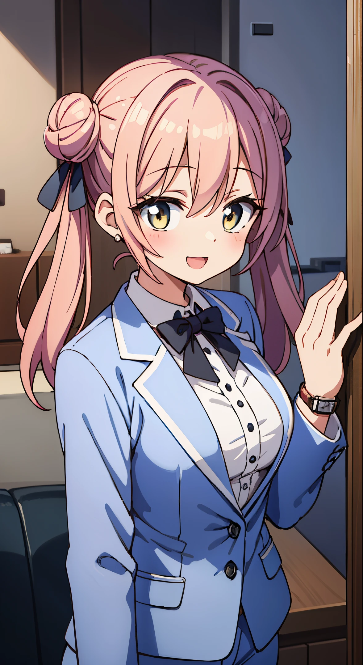 (masutepiece, Best Quality, Perfect Anatomy, High quality:1.4), absurderes, absolutely resolution, unbelievable Ridiculous, hight resolution, ultra-detailliert, Official art, Unity 8k壁纸, Kinetic typography,nice hand, Perfect hands, Detailed beautiful hands, Large_filesize, fulcolor, hight resolution, symmetric, exceptional, Best aesthetic, newest, Anime, very beautiful detailed body,The hair,faces,The eye, BREAK, 1 beautiful girl, Solo,(Cute:1.5),(Chibi:0.8), (kawaii:1.5),(Lori:0.5), BREAK, (girl, Cute, Cheerful, Loli face, medium breasts:1.2),(Pink hair,disheveled short twin tails,tareme,Gold eyes:1.2),gleaming skin,Clear skin, cleavage of the breast,Beautiful , gleaming skin,Clear skin, Beautiful skin,( A smile:1.5),(best quality face),(Top quality glowing eyes), (The best smile,Doya face:1.45),
BREAK is the elegance of a traditional English mansion butler,
equipping, Tailored blazer in classic neutral tones,
High-waisted trousers with straight or wide-leg cut,
A crisp white button-up shirt for a timeless look..,
Polished oxford shoes for a sophisticated touch,
classic black bow tie for formal men's clothing.,
Leather gloves and vintage watches as accessories.
Sleek bun or low ponytail for a sophisticated hairstyle,
Minimal makeup that emphasizes defined eyebrows,
Create a sophisticated atmosphere with subtle pearl or stud earrings,
BREAK ,(Office, desk work, whiteboard, sofa, buildings from window,Makuhoku Computer,
(upward looking gaze :1.2) ,
Looking Up ,
From above ,depth of fields,
BREAK,wakame,wakame,wakame,(Cowboy Shot:1.4),
BREAK,(Blurry background:1.3),(absurderes, hight resolution, Super Detail Art),cel shading,Clear Color, Lonely optical effect, Beautiful pictures, Bright glow, mystic atmosphere,(Close-up of girl:1.1), Mystical light particle effect,manga influence, clean line drawings,