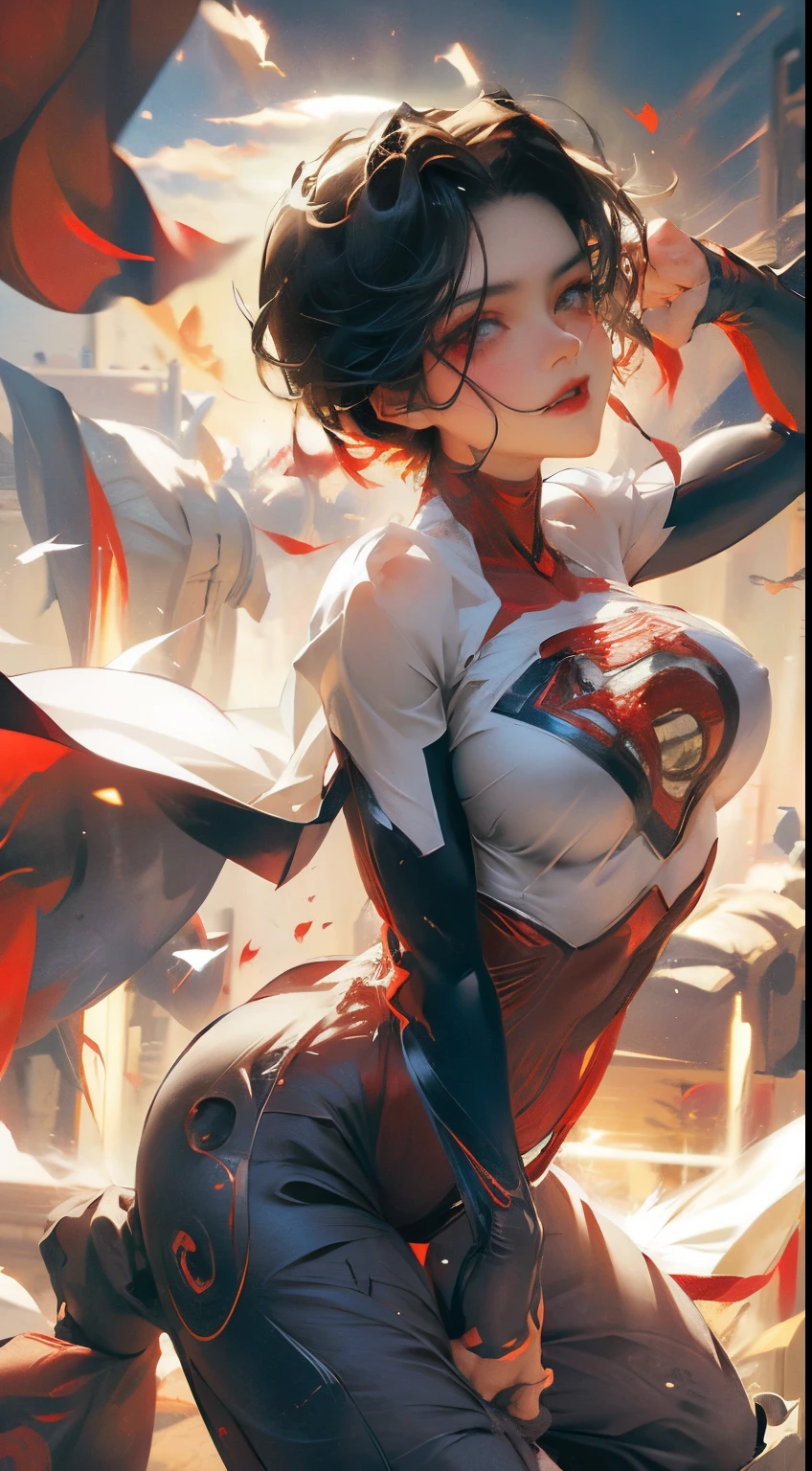 Anime perfect SUPERGIRL body woman, black short hair, iluminated red eyes, red lips, perfect small breasts, flying between clouds  in ambient artic, perfect body, sexy smile, Supergirl