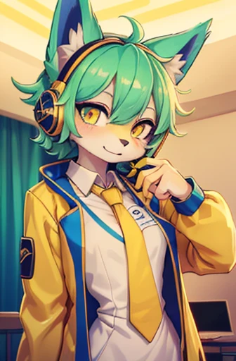 A beautiful small breasted wolf girl with vibrant colours stands in an apartment interior. She has mint green short ((scruffy hair)) and glowing yellow eyes. She is wearing a ((golden scientist jacket with a gold necktie)) (((as well as headphones))). The overall atmosphere is filled with vibrant colours and a sense of elegance.