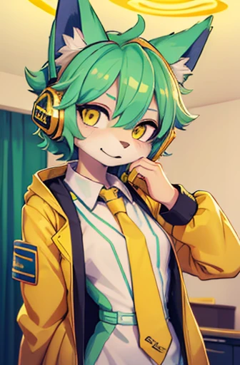A beautiful small breasted wolf girl with vibrant colours stands in an apartment interior. She has mint green short ((scruffy hair)) and glowing yellow eyes. She is wearing a ((golden scientist jacket with a gold necktie)) (((as well as headphones))). The overall atmosphere is filled with vibrant colours and a sense of elegance.